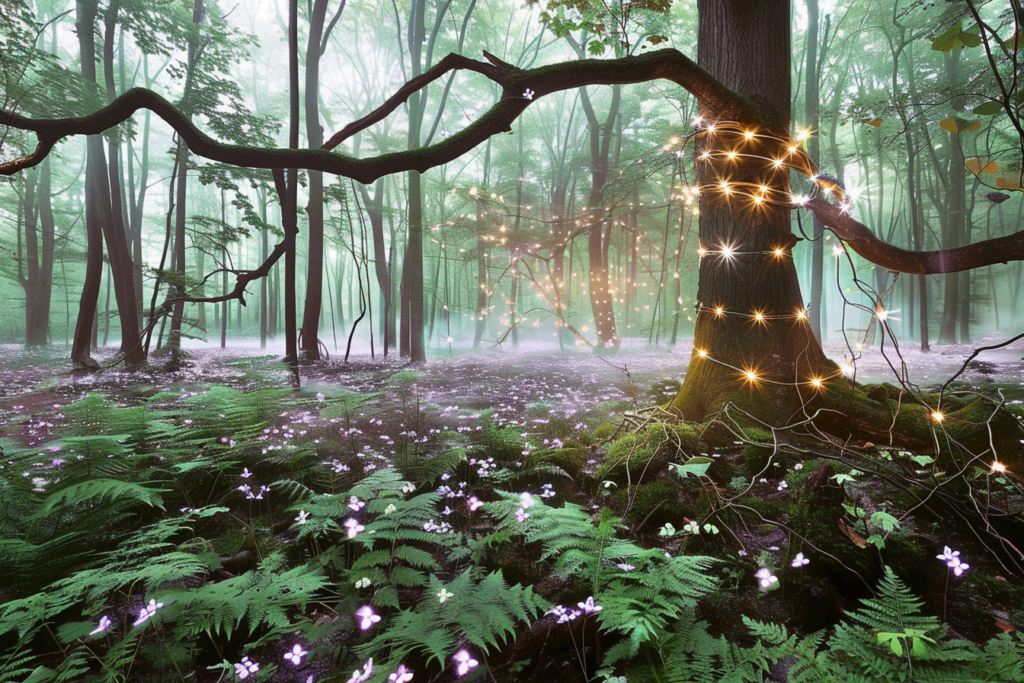 La Forêt des Luminescences – lumière féerique illuminant les arbres enchantés